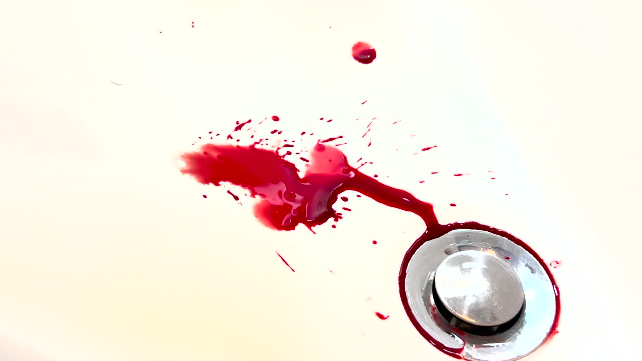 Blood dripping and flowing into sink. Fresh red blood splat on white porcelain with specks from the impact. Blood draining from white bathroom basin