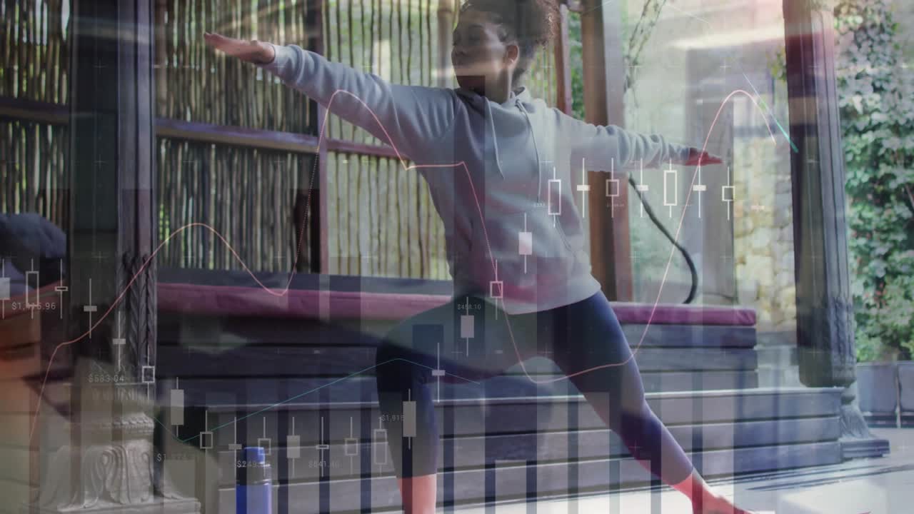 Woman stepping on yoga mat revealing financial charts and holding Warrior II for market insight