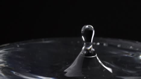water droplets splashing on water surface in glass with black background, close-up