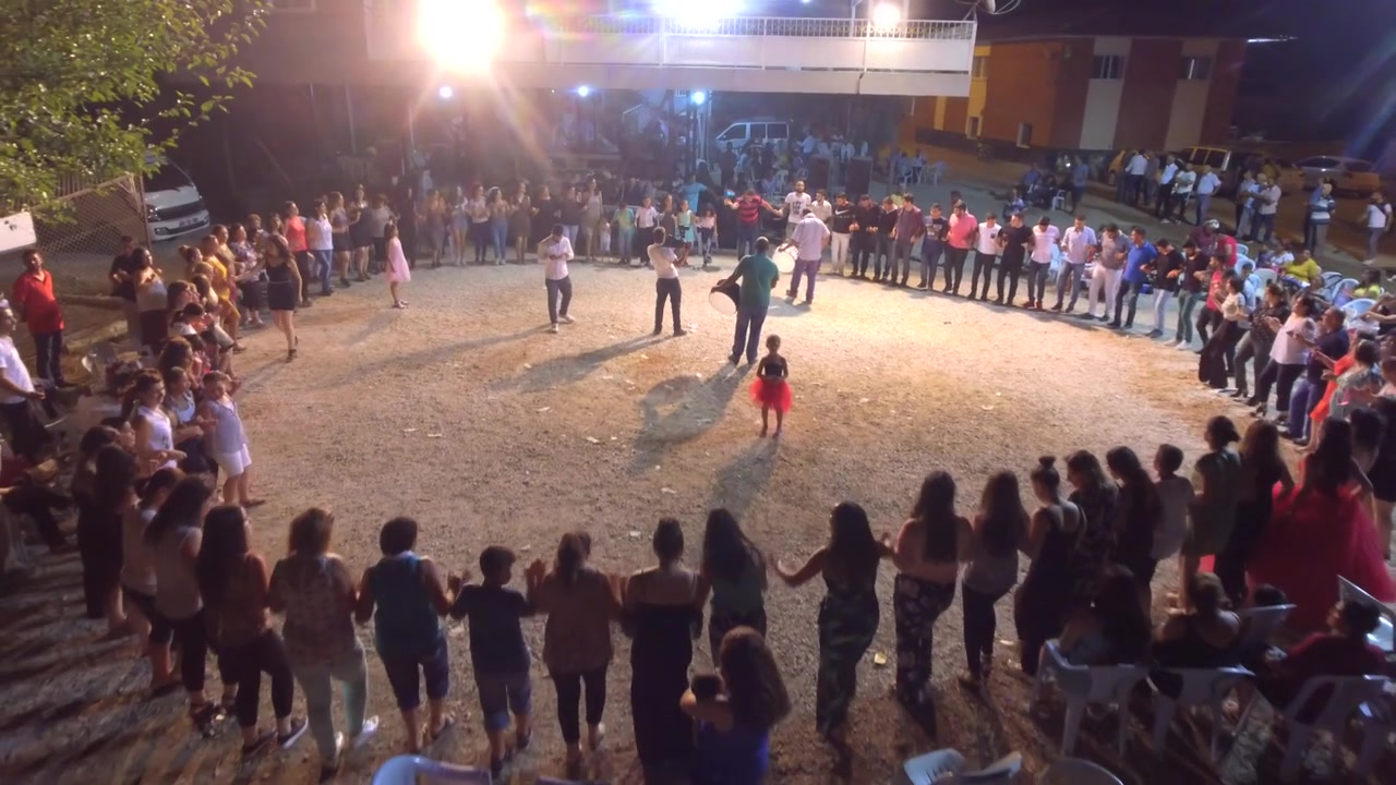 Grande gruppo di persone che ballano in cerchio di notte.