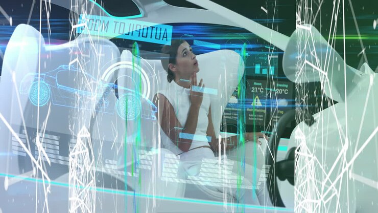Animation of data processing over woman in self drive car