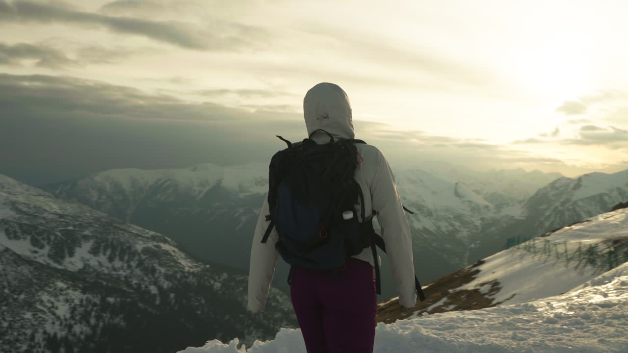 Hiker On The High Tatras Mountains In Zakopane, Poland. Slow Motion Shot