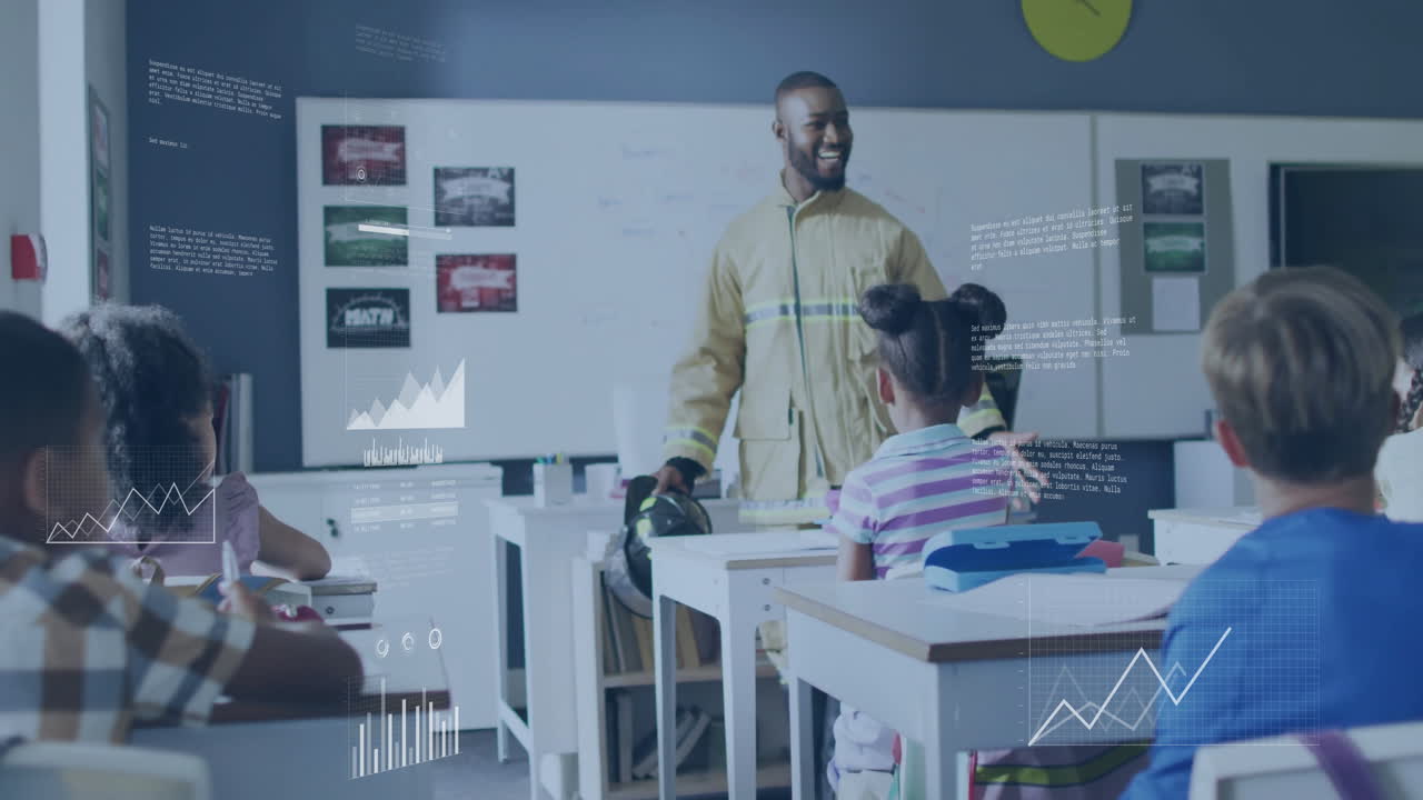 Animation of diagrams and data processing over biracial male teacher with diverse schoolchildren