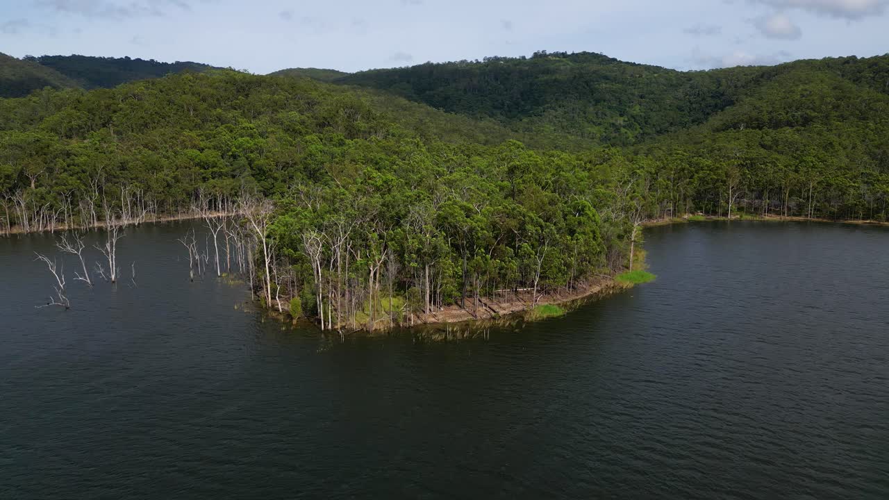 Aerial views of Advancetown Lake near the Western Boat Ramp on the Gold Coast Hinterland.