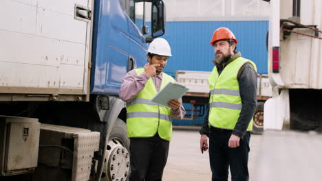 Chef-Und-Arbeiter-Mit-Westen-Und-Schutzhelmen-Organisieren-Eine-LKW-Flotte-In-Einem-Logistikpark,-Während-Sie-Ein-Dokument-Konsultieren-4