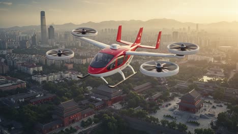 aerial view of a modern urban air vehicle in flight above cityscape at sunset, showcasing advanced design and technology for future transportation