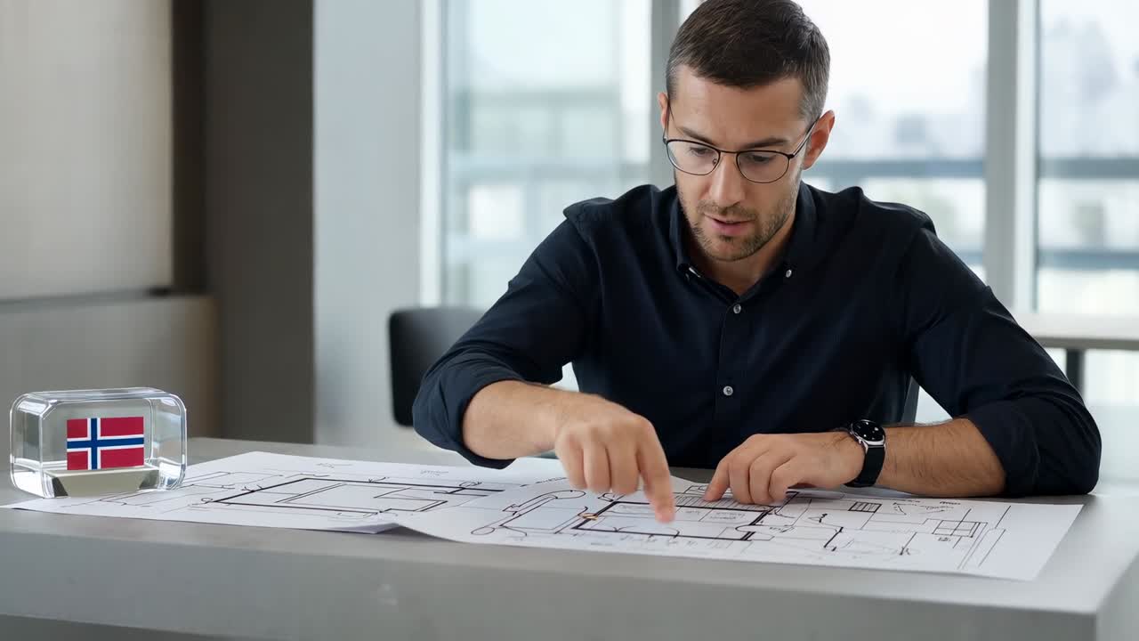Diseñador apoyado revisando el diseño en una mesa de oficina con una bandera noruega, vestido con camisa oscura y gafas