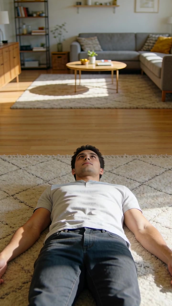 Vertical video: Lying man lifting head and shifting gaze toward sunlight patch on rug at home