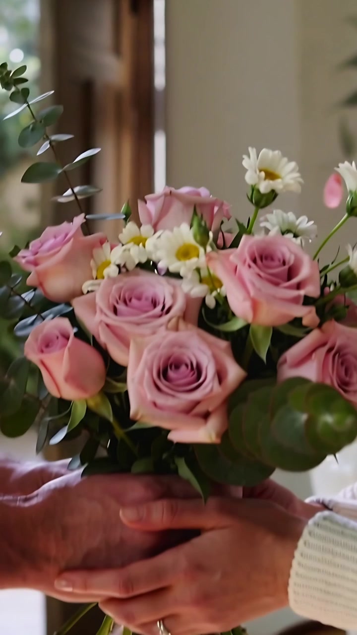 Video verticale: Petali che fluttuano mostrando un bouquet a casa, due mani che porgono steli come regalo, anello visibile.
