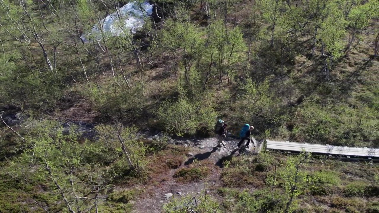 Young Couple Hiking on the Kungsleden in Nikkaluokta, Kebnekaise, Wide Drone Shot of Hikers from Above in a Swedish Mountain and Forest Landscape