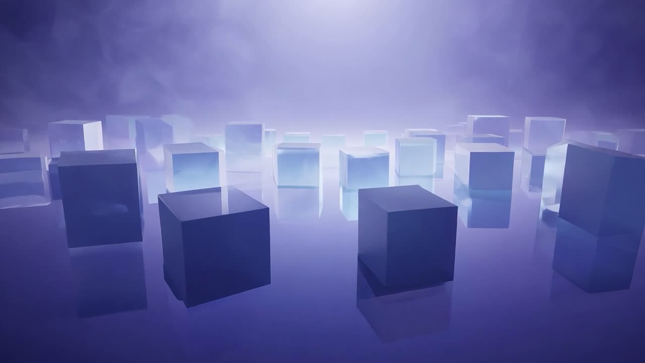 큐브는 반사 표면에서 떠다니고 회전하며, 활기찬 보라색 배경에 맞춰 추상적인 시각적 경험을 만니다.