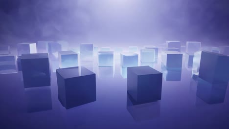 cubes float and rotate on a reflective surface, set against a vibrant purple background, creating an abstract visual experience