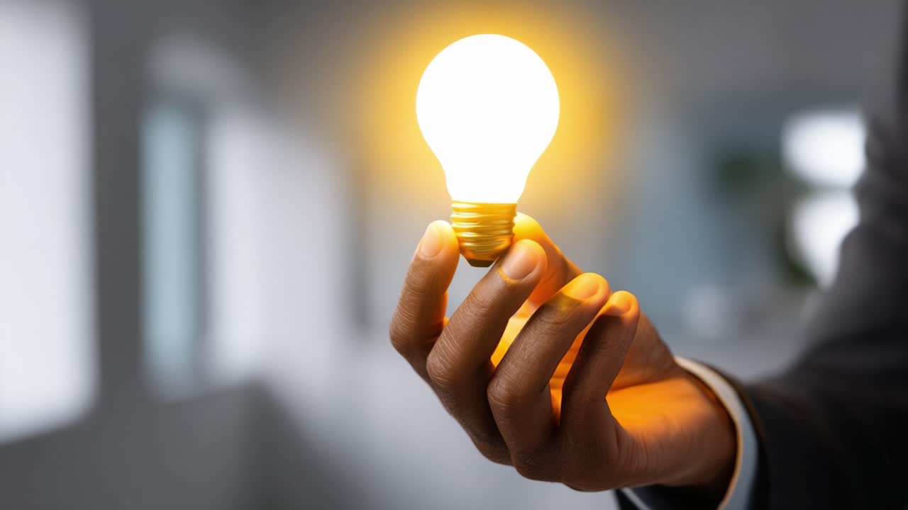 A person holding a glowing light bulb symbolizes innovation and creativity, merging the ideas of illumination and inspiration through modern conceptual design