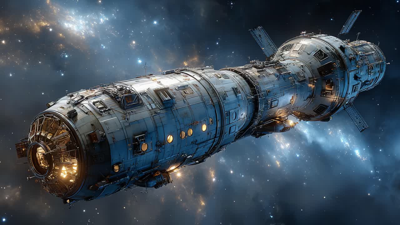 Futuristisches Raumschiff gleitet durch den Kosmos: Eine atemberaubende Ansicht fortschrittlicher Technologie in der Weltraumforschung mit schimmernden Lichtern und einem grandiosen Hintergrund