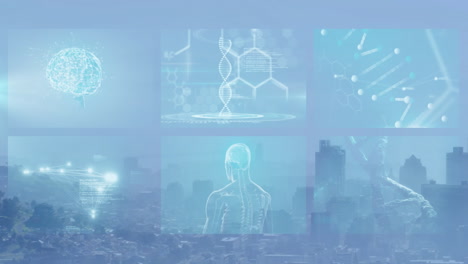 animation of dna, brain, and human anatomy over cityscape background