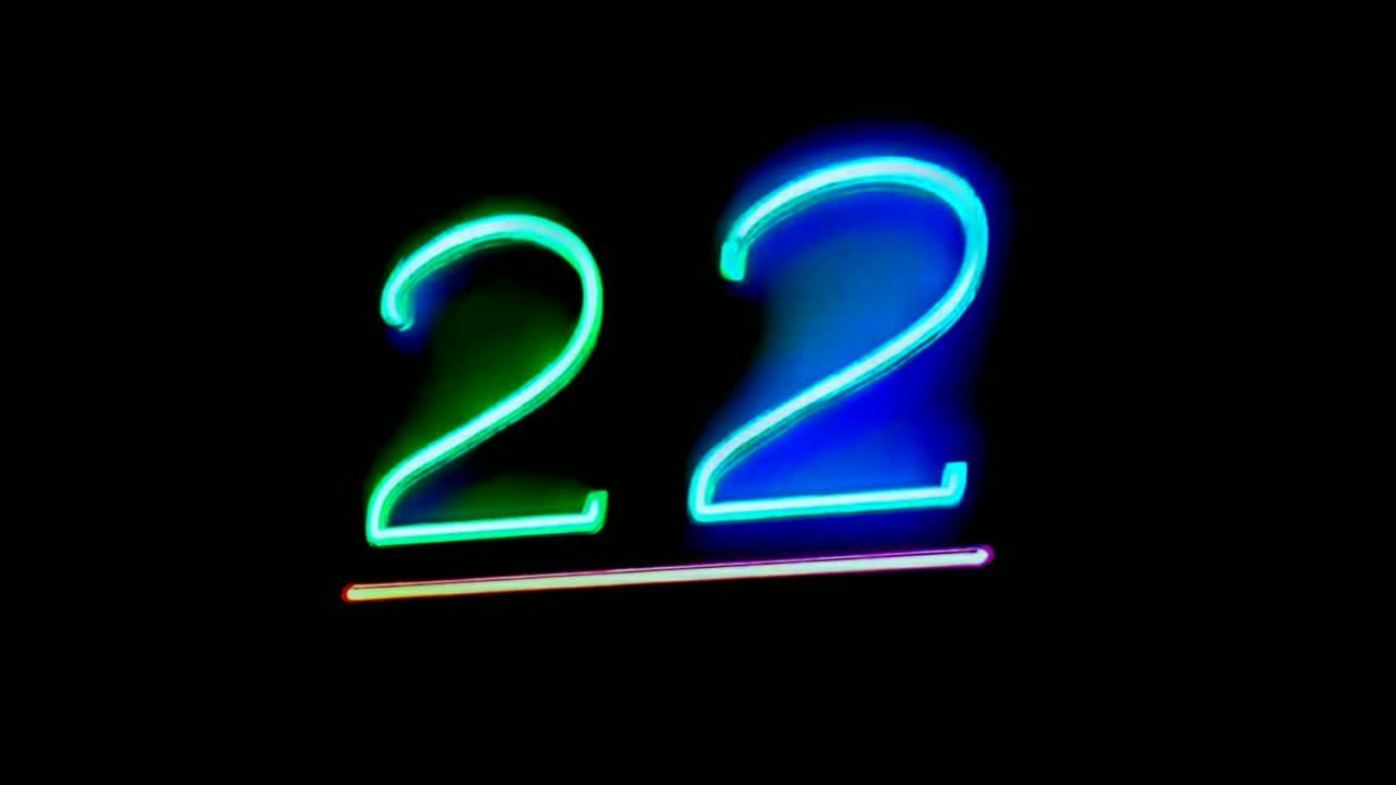 Neon number 22 twenty two sign symbol modern animation on black background,glowing and shining for video elements