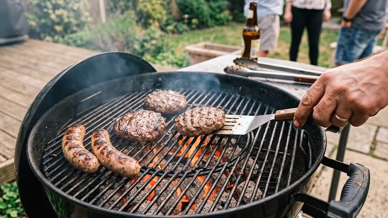 Salsicce e hamburger di manzo che sfrigolano su fuoco aperto su griglia a carbone all'aperto