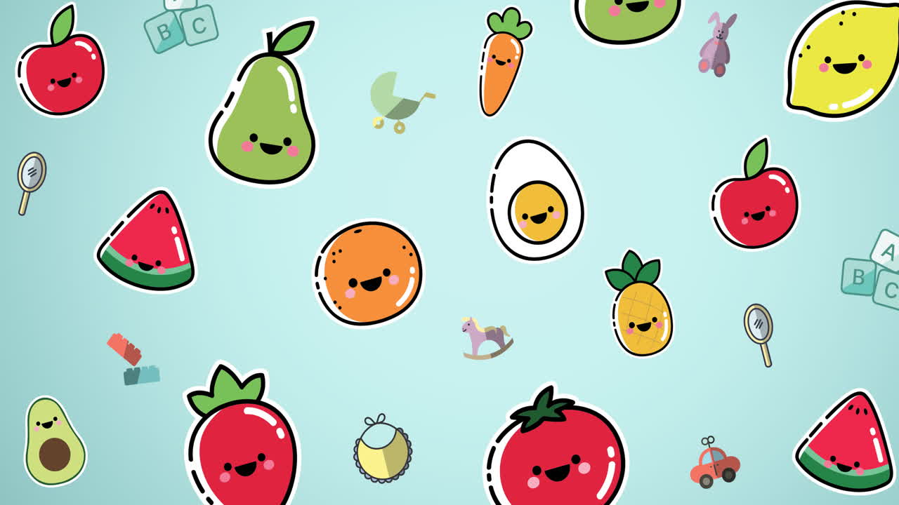 animación de frutas y verduras de dibujos animados que se mueven sobre un fondo azul