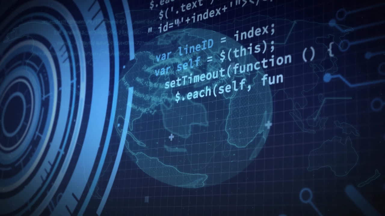 Digital animation of globe with data patterns on dark grid background