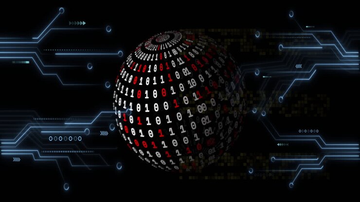Binary code sphere with digital circuits and data processing animation
