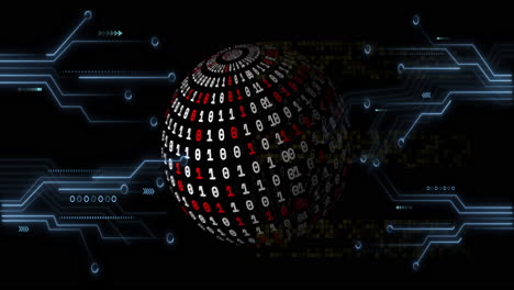 binary code sphere with digital circuits and data processing animation