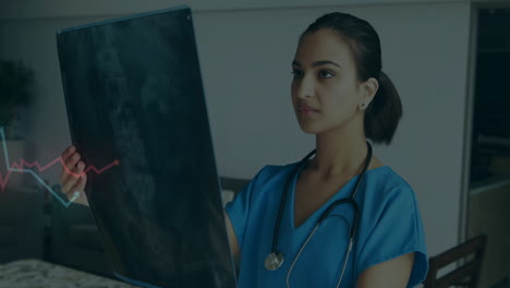 analyzing x-ray, healthcare professional with stethoscope, heart rate animation over image