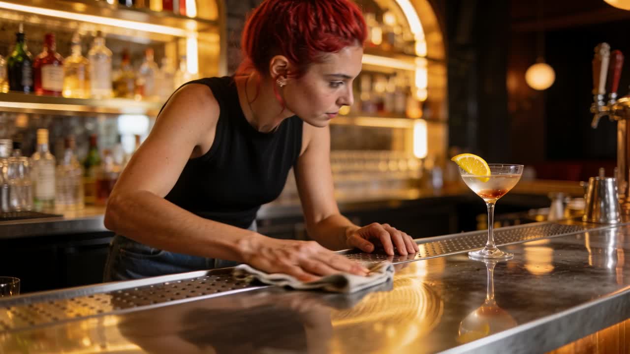 Barman chinato con top senza maniche e jeans che pulisce il bancone del bar con un panno vicino a un cocktail, in preparazione