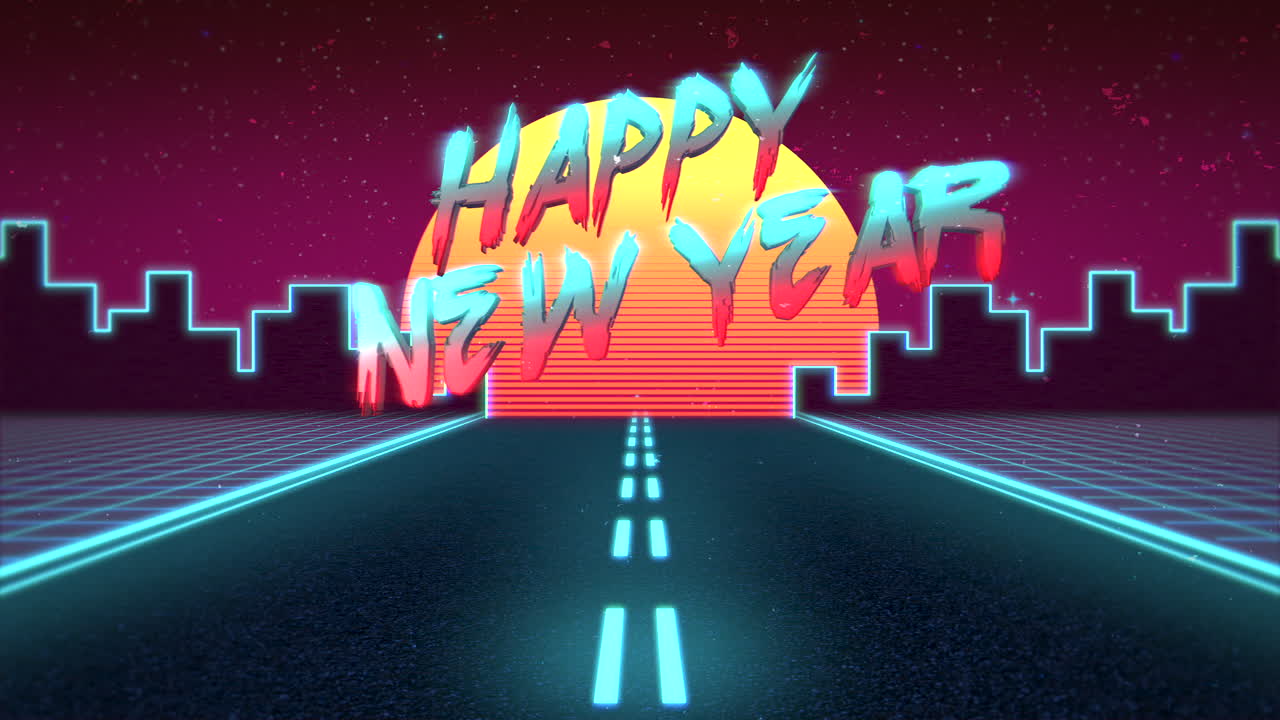 80년대 스타일의 밤에 파란색 도로와 도시와 함께 새해 복 많이 받으세요