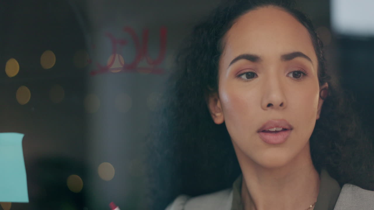 Woman, writing on glass board