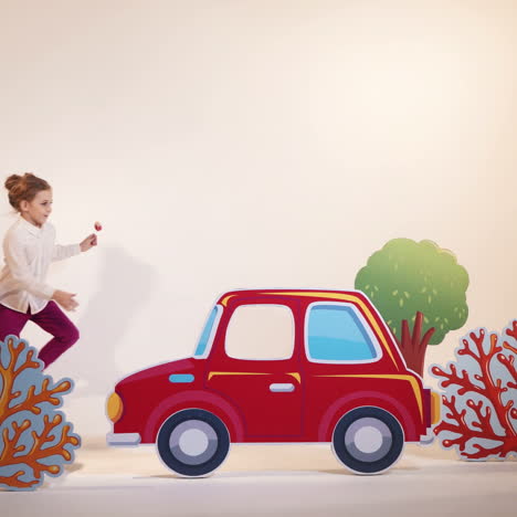 happy children playing in the studio over the white background. little boys and girls running and taking off colorful toyful scenery in the studio room.