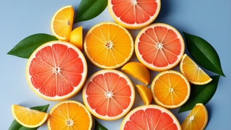 Vibrant Slices of Grapefruit and Orange with Green Leaves on a Light Blue Background