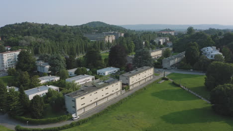 drone orbit shot over olivetti factory in ivrea