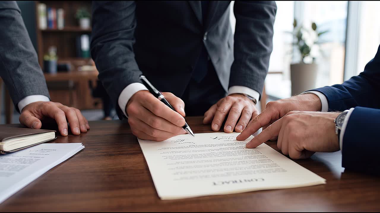Vista Aproximada de Profissionais de Negócios Assinando um Acordo Legal Enquanto Outra Mão Indica uma Seção Específica no Papel