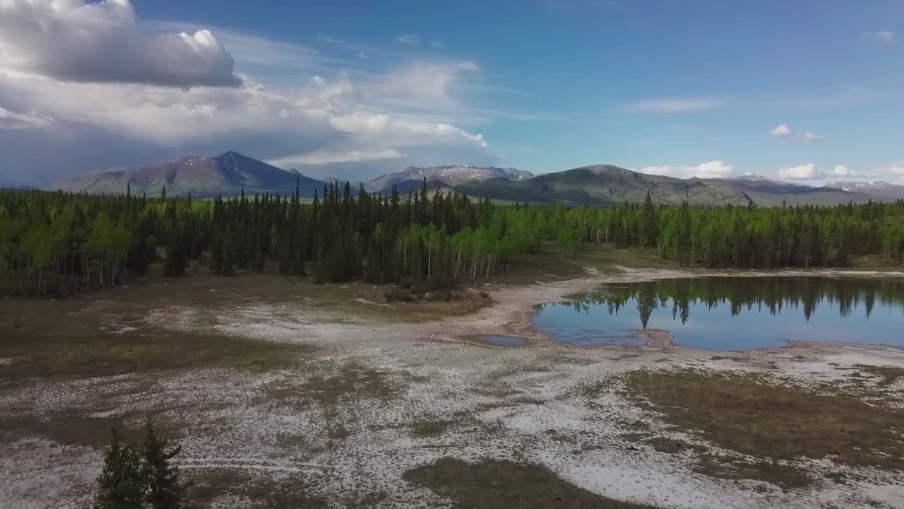 vuelo panorámico sobre el suelo de tierra hacia los árboles verdes del bosque de yukón por el lago espejo hacia la pintoresca cordillera de fondo en el día azul del cielo soleado, whitehorse, canadá, por encima del enfoque aéreo