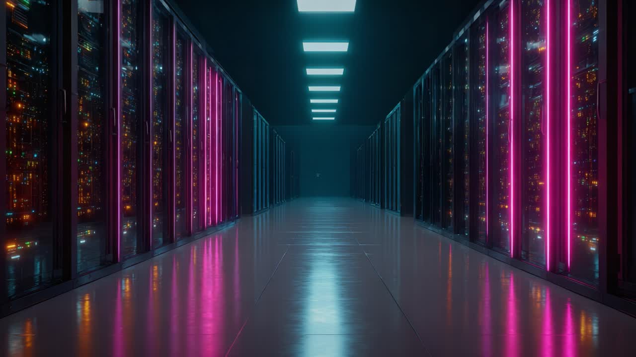 A Stunning View Inside a High-Tech Data Center With Vibrant Lighting and Rows of Servers, Showcasing the Future of Data Management and Storage Solutions