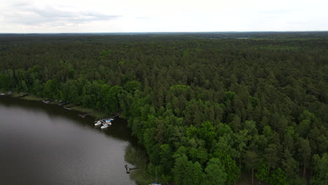 Drone-shot-of-infinite-green-forest-with-lake-Jeziorak-and-Wielka-Zulawa-island-in-Poland
