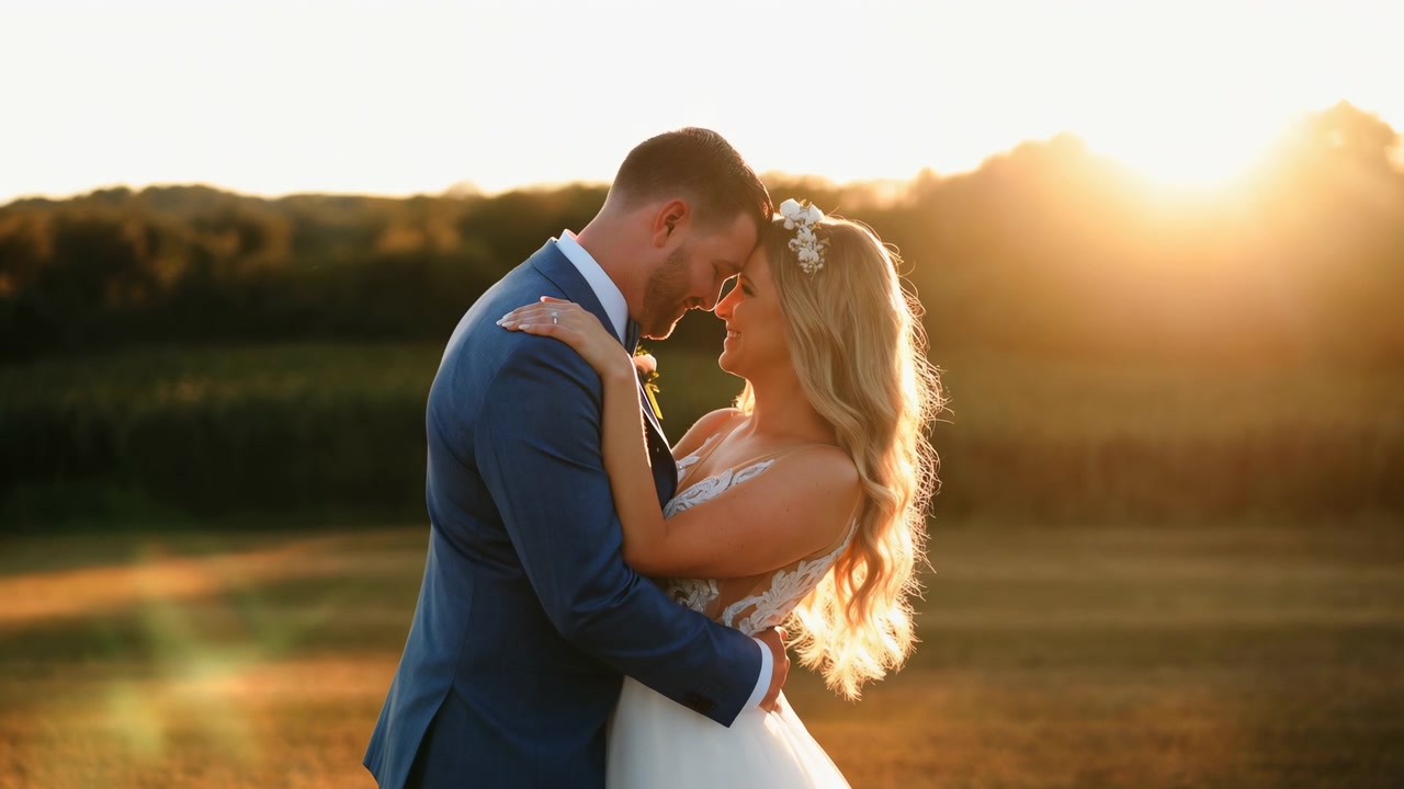 Una sposa e uno sposo stanno vicini in un campo aperto di campagna al tramonto, abbracciandosi con una calda luce controluce e un orizzonte leggermente sfocato sullo sfondo.