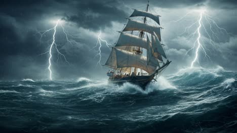 a chaotic storm rages over the ocean, showcasing a ship struggling against towering waves and intense lightning beneath ominous, dark skies