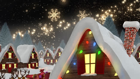 animation of snow falling over houses with fairy lights