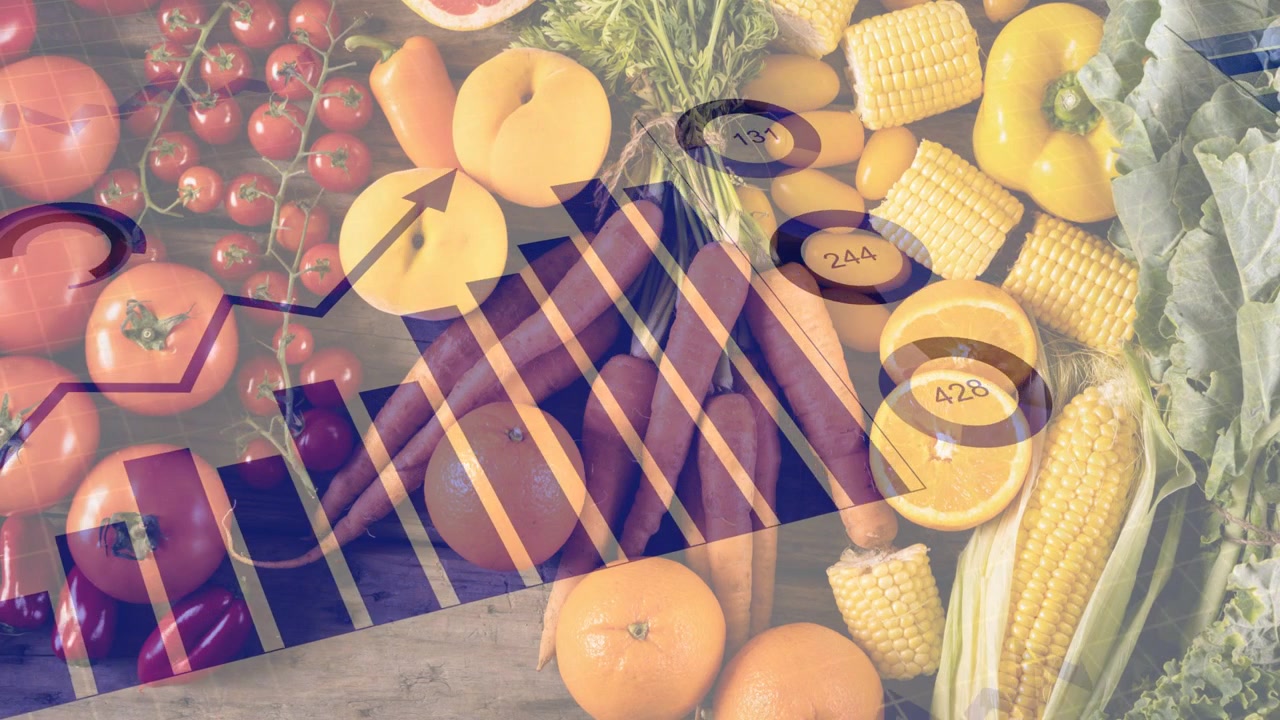 Composizione flatlay di prodotti statici, con barre viola che si riempiono in riproduzione e una linea che sale mostrando la crescita del commercio al dettaglio.