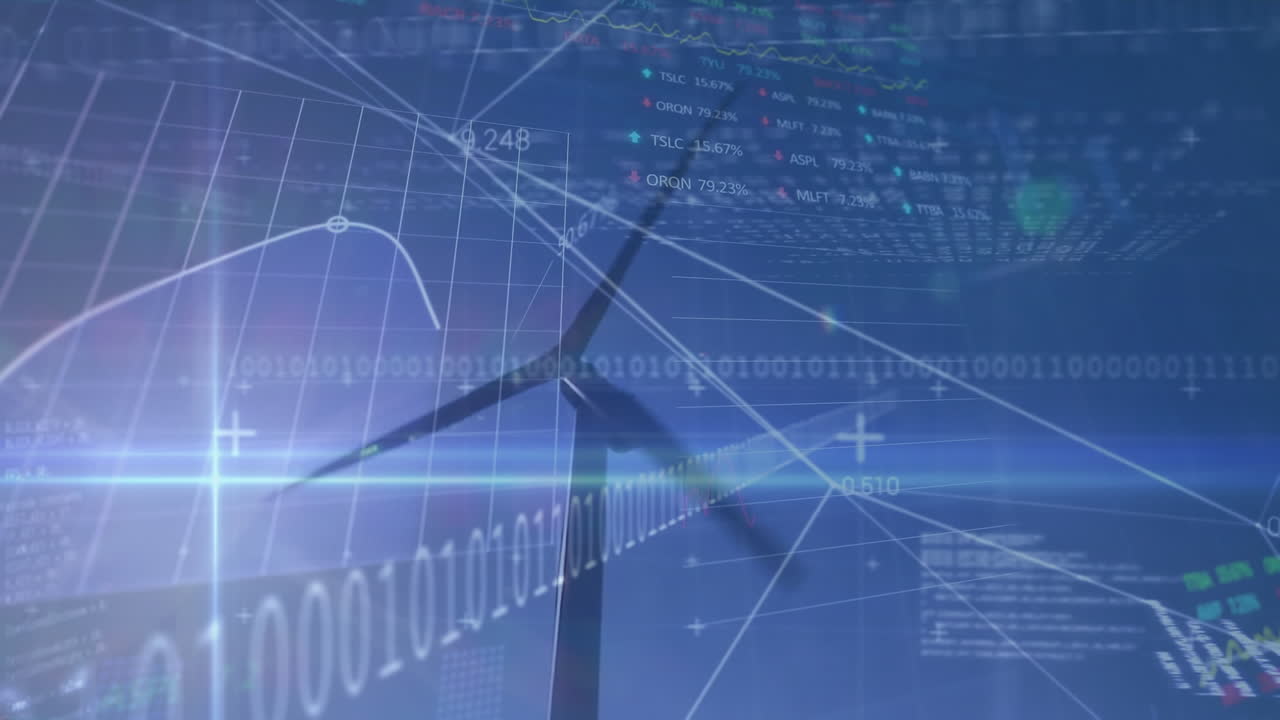 바이너리 코딩과 풍력 터빈을 통한 데이터 처리 애니메이션