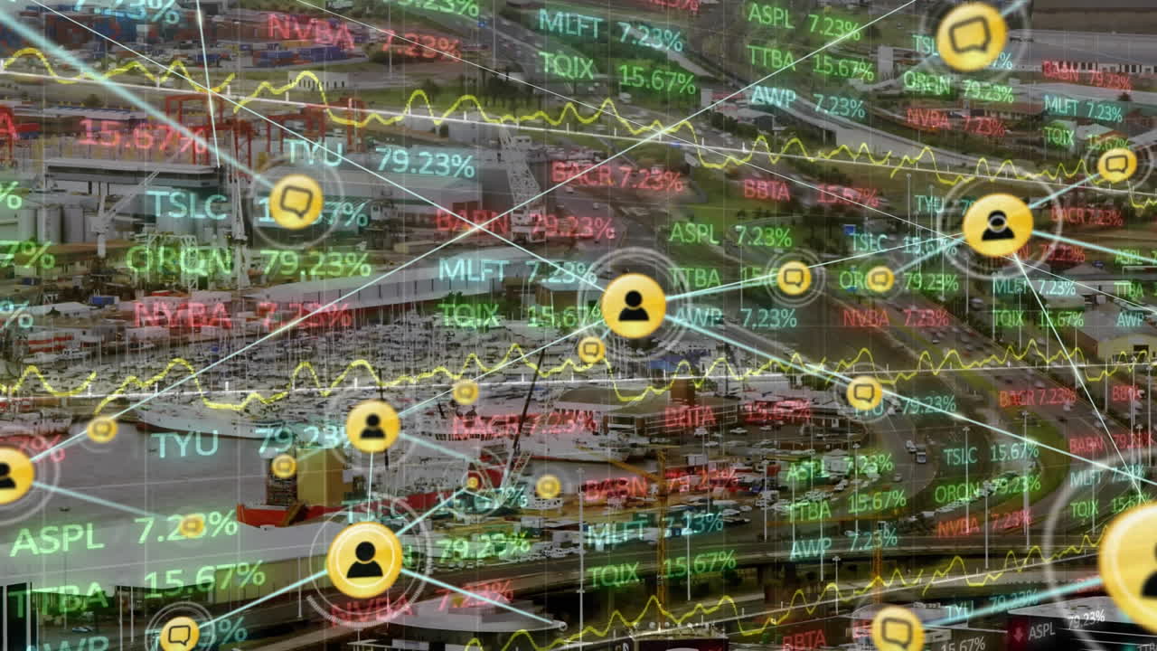анимация сети соединений с иконами над городским ландшафтом