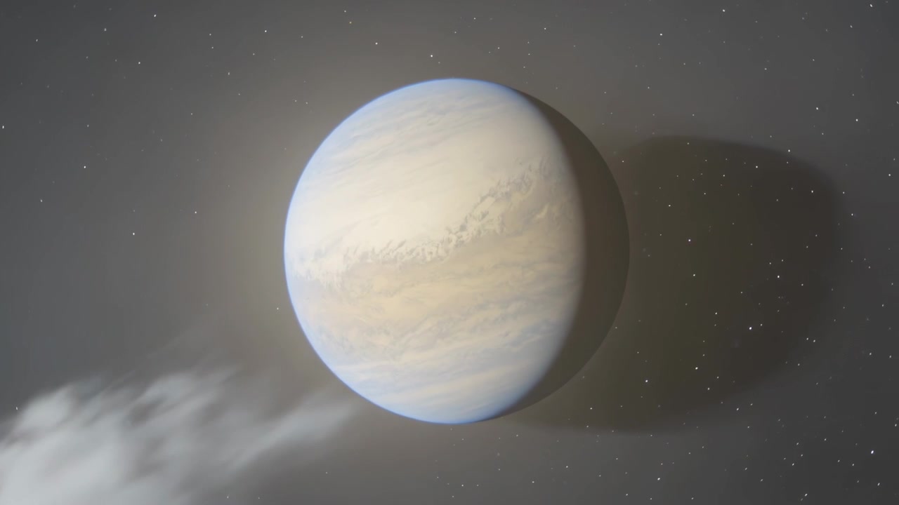 Drifting banded gas-giant planet showing terminator while rising cloud bank obscuring disk in space