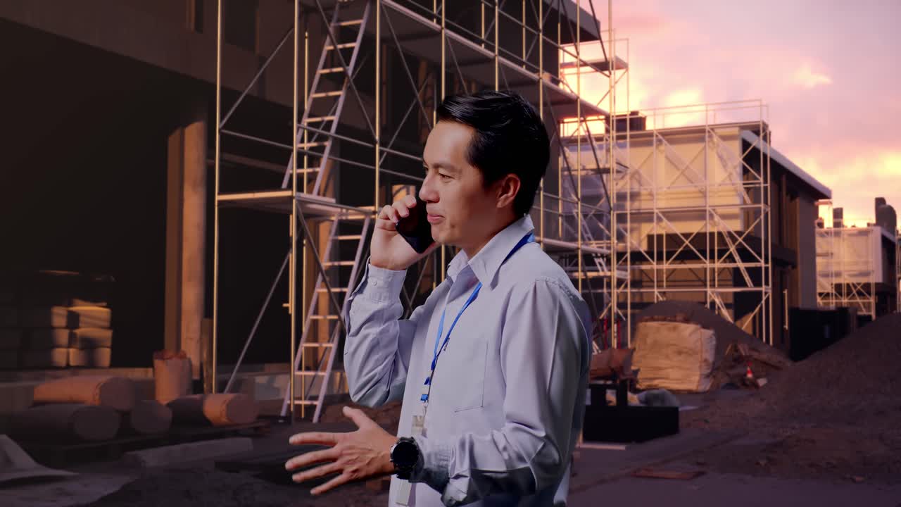 Vista lateral de un trabajador profesional asiático de pie en una obra en construcción de una casa nueva. Coge el teléfono y empieza a hablar con una leve sonrisa.