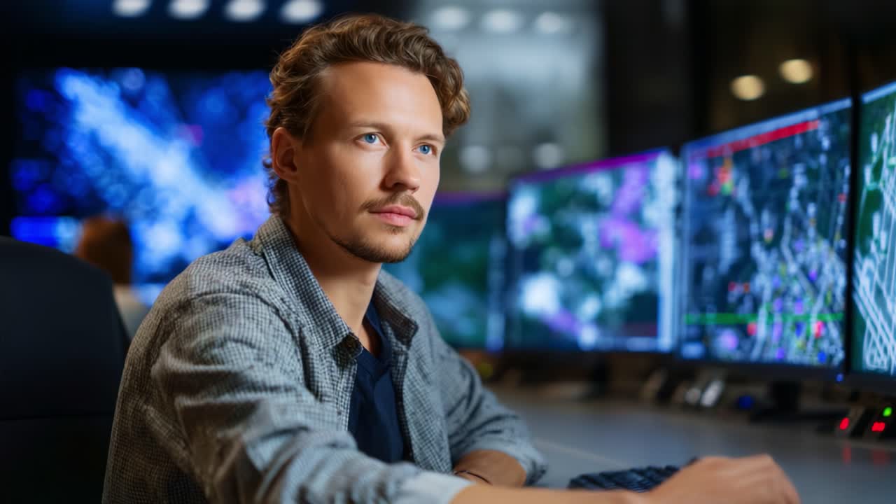 Tecnico concentrato che analizza i dati su diversi monitor in una sala di controllo high-tech, mettendo in mostra tecnologia avanzata e capacità di pensiero critico in azione