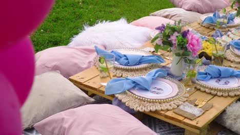 Aufschlussreicher-Picknickplatz-Im-Freien-Bei-Bewölktem-Wetter-In-Der-Natur,-Rosa-Luftballons-Und-Kissen-In-Zeitlupe