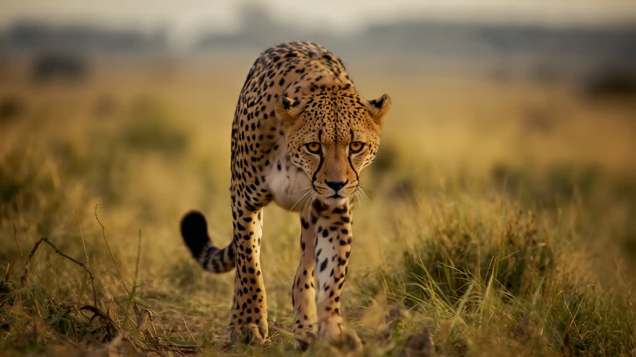 Emerging lone adult cheetah lowering head and stalking through wide savannah, catching golden light