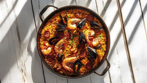 flat lay of paella with saffron rice, shrimp, mussels, and chorizo