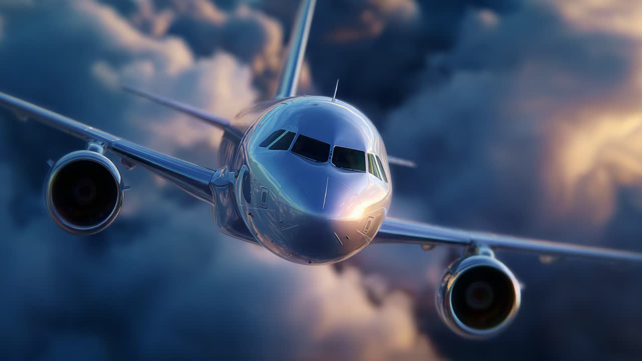 Vue de face époustouflante d’un avion capturée au milieu de nuages spectaculaires, mettant en valeur l’ingénierie aéronautique et le voyage vers le ciel dans des conditions atmosphériques