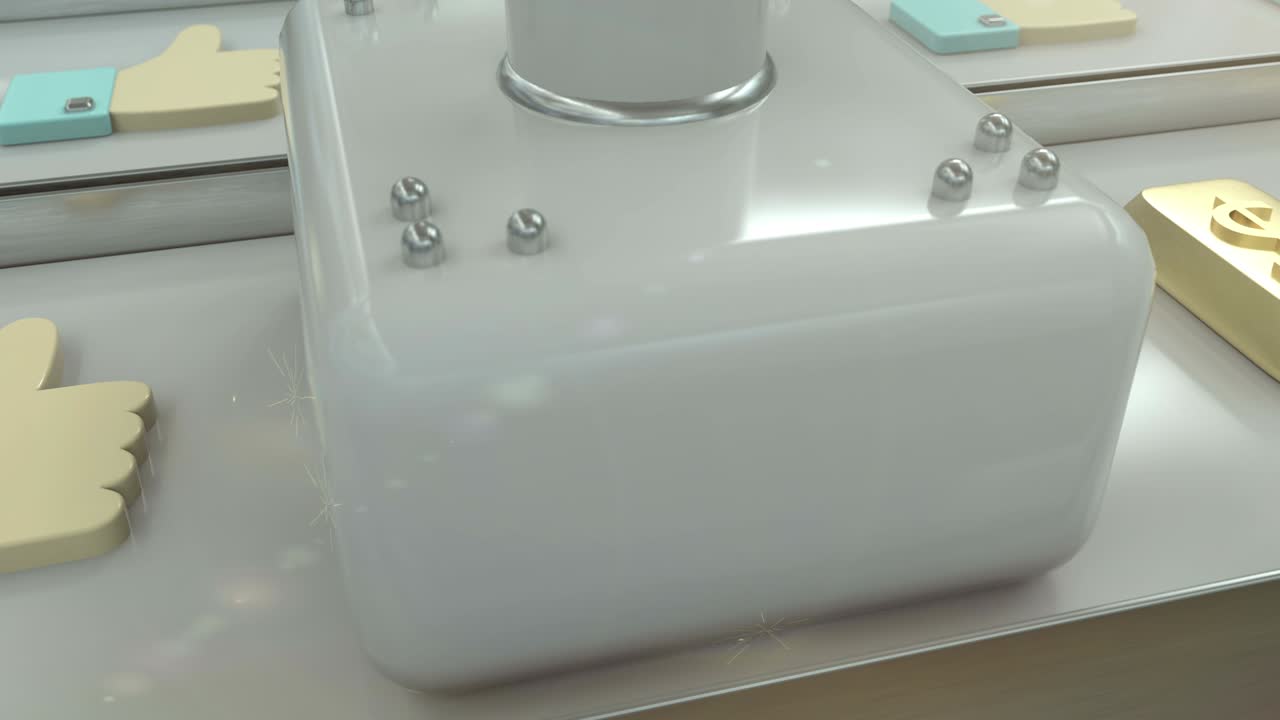 animación en bucle 3d de la transformación como iconos en barras de oro (dinero, ganancias). cgi de la cinta transportadora de la fábrica de redes sociales.